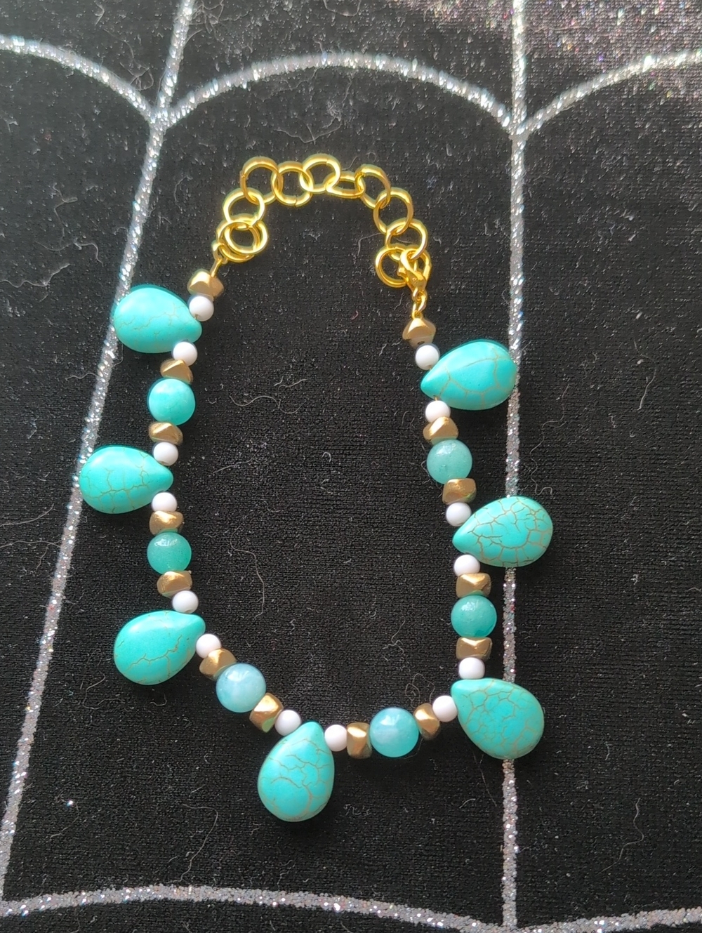 Gold-Tone Turquoise Magenizite Teardrop Amazonite Beaded Bracelet